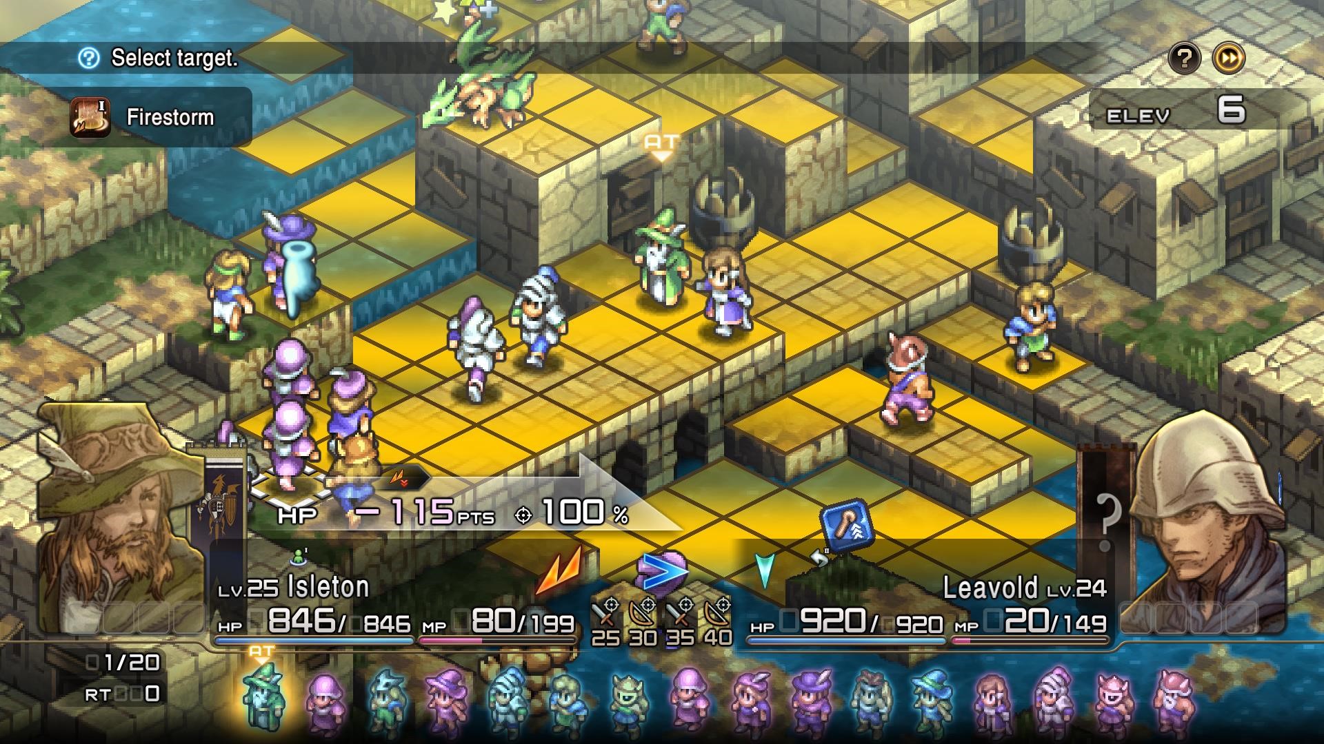 imagemOs pontos do jogo de tactics ogre, nomeadamente de uma batalha no meio de uma cidade. Três casas são apresentadas na sua totalidade, enquanto que duas delas encontram-se parcialmente cortadas da imagem. Cerca de quinze guerreiros encontram-se representados, com um deles apenas a ser apresentado o topo do chapéu. Num dos telhados de uma das casa, encontra-se um grifo. O terreno é de terra e relva. 